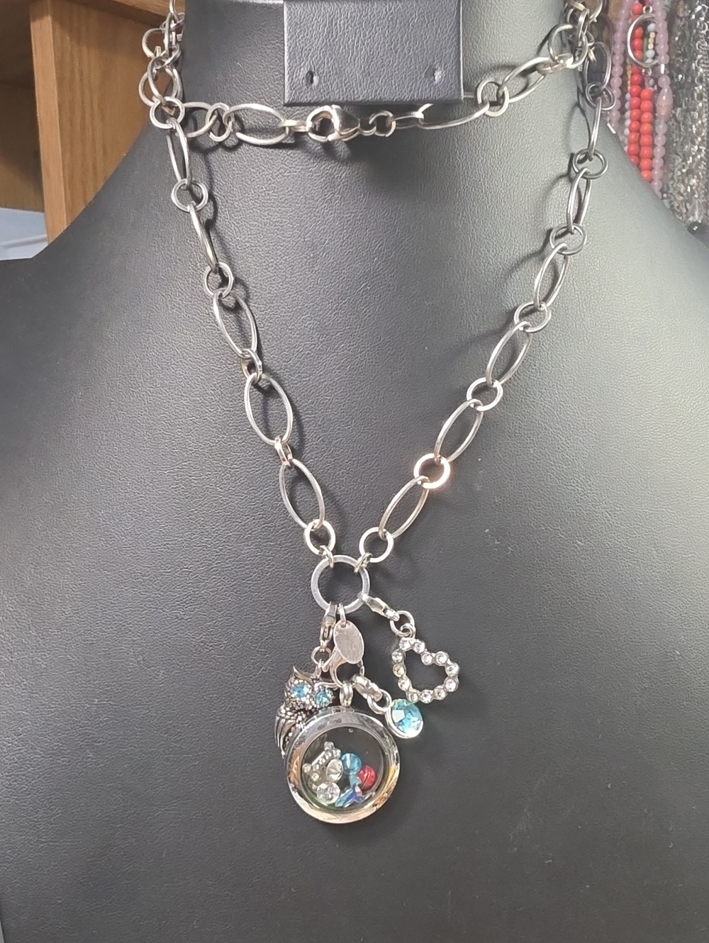 Origami Owl Silver Charm Locket Necklace with Blue and Pink Accents